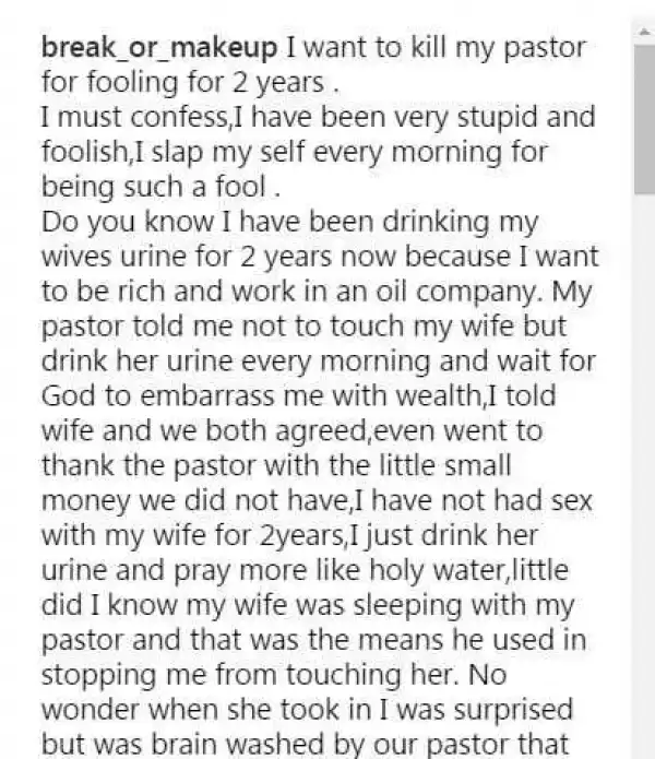 My Pastor Told Me to Be Drinking My Wife